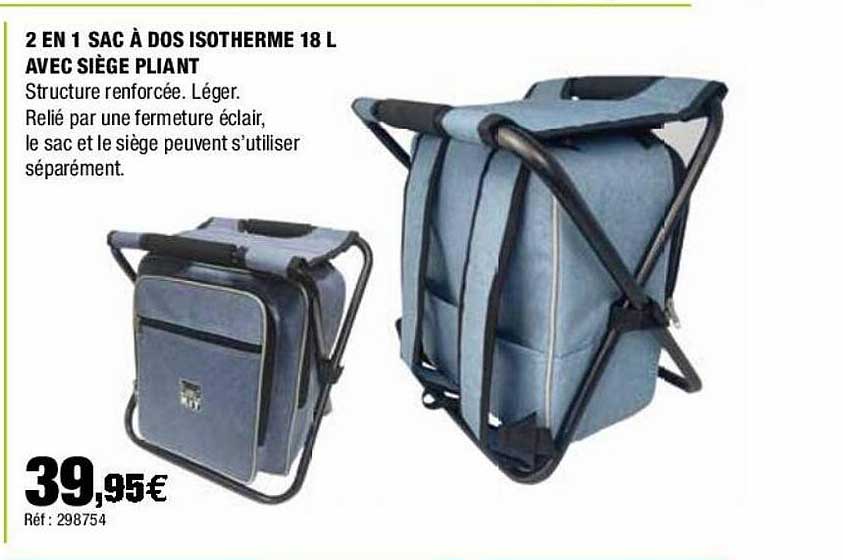 2 en 1 sac à dos isotherme 18l avec siège pliant