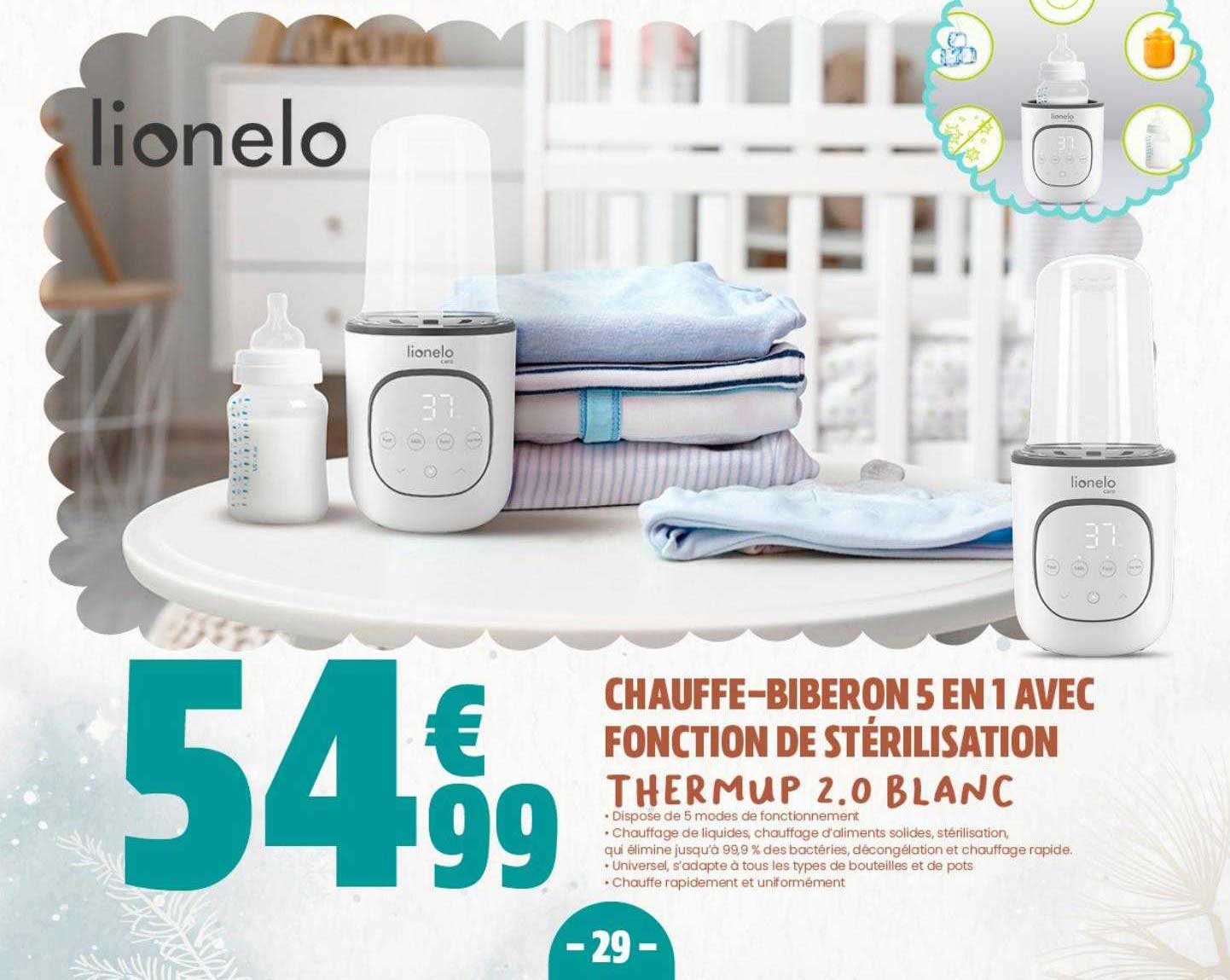 chauffe-biberon 5 en 1 avec fonction de stérilisation thermup 2.0 blanc lionelo