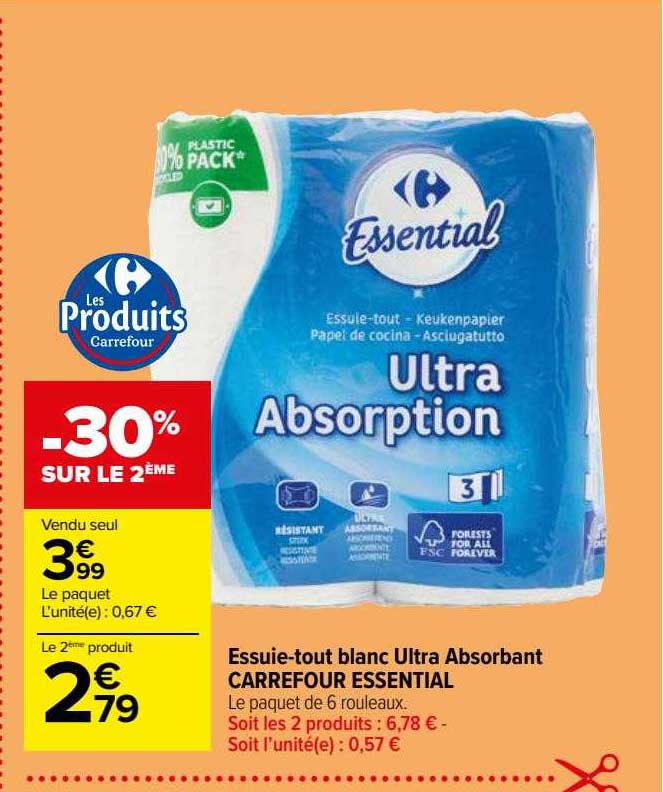 essuie-tout blanc ultra absorbant carrefour essential