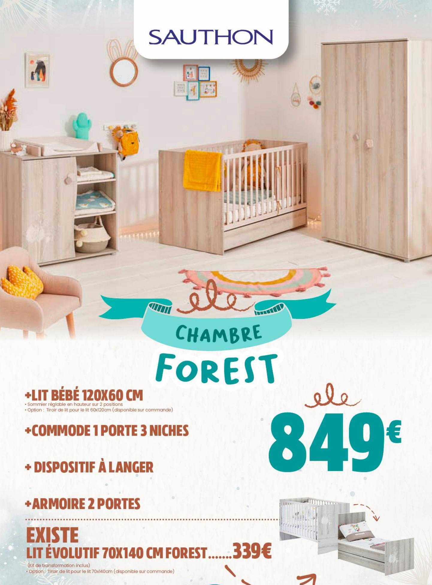 lit bébé 120 x 60 cm sauthon, commode 1 porte 3 niches sauthon, dispositif à langer sauthon, armoire 2 portes sauthon, lit évolutif 70 x 140 cm forest sauthon