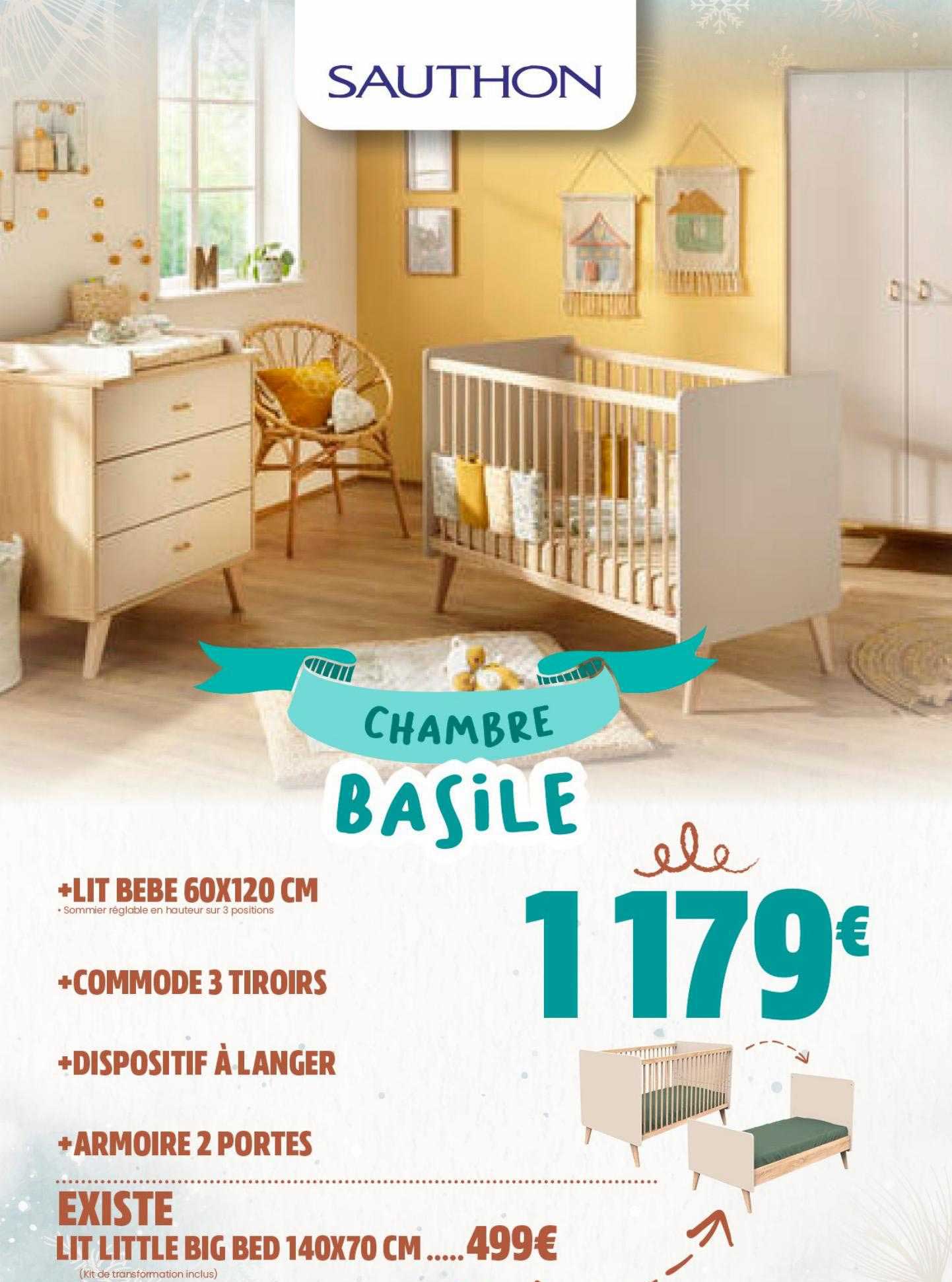 lit bébé 60 x 120 cm sauthon, commode 3 tiroirs sauthon, dispositif à langer sauthon, armoire 2 portes sauthon, lit little big bed 140 x 70 cm sauthon