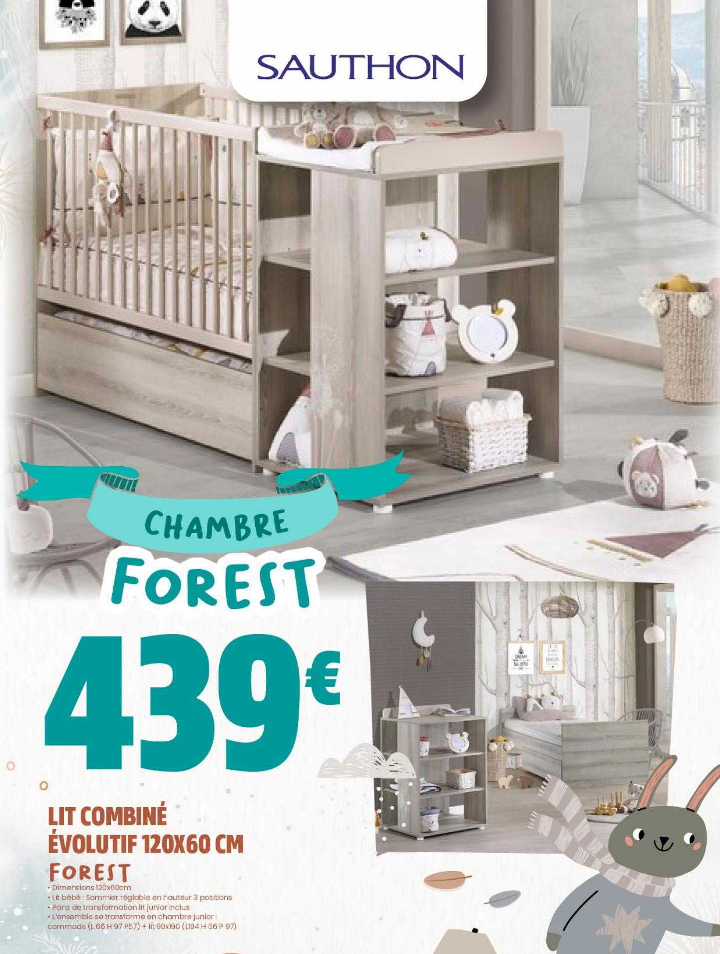 lit combiné évolutif 120 x 60 cm forest sauthon