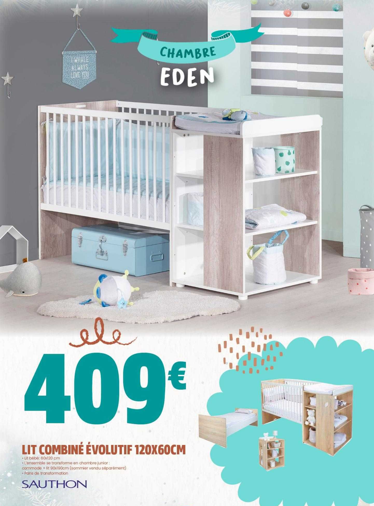 lit combiné évolutif 120 x 60 cm sauthon