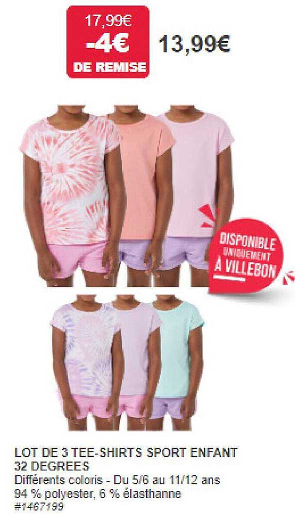 lot de 3 tee-shirt sport enfant 32 degrees