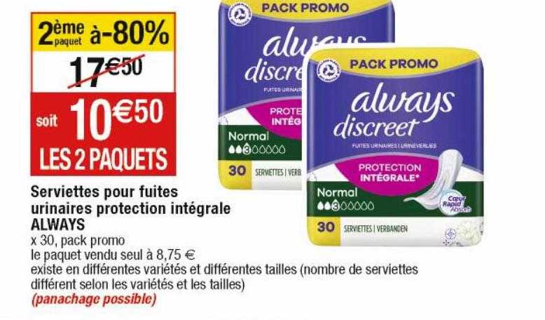 serviettes pour fuites urinaires protection intégrale always