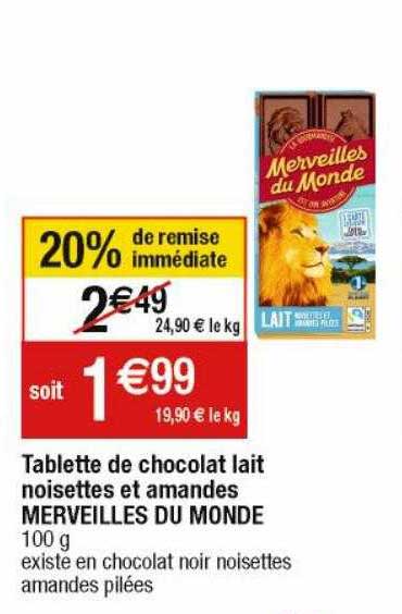 tablette de chocolat lait noisettes et mandes merveilles du monde