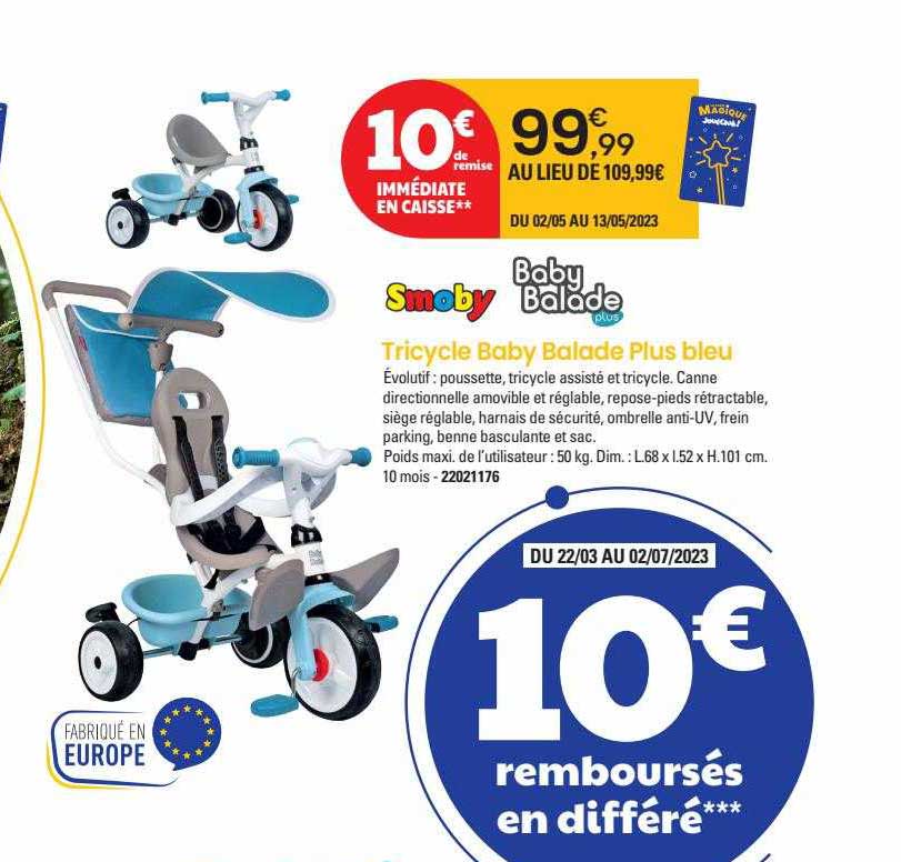 tricycle baby balade plus bleu smoby