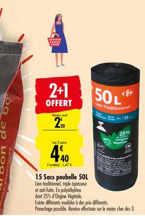15 Sacs Poubelle 50l 2+1 Offert