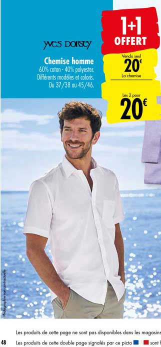 chemise homme yves dorsey 1+1 offert