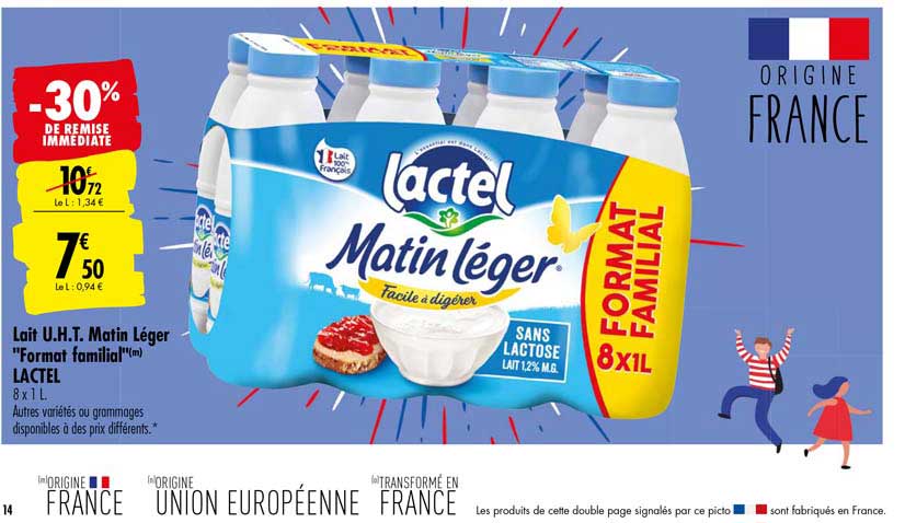 lait u.h.t. matin léger format familial lactel -30% de remise immédiate