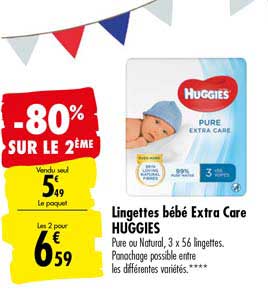 Lingettes Bébé Extra Care Huggies -80% Sur Le 2ème