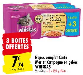 repas complet carte mer et campagne en gelée whiskas 3 boites offertes