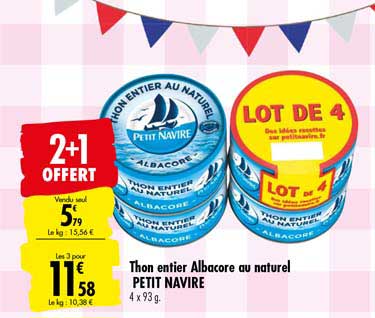 Thon Entier Albacore Au Naturel 2+1 Offert