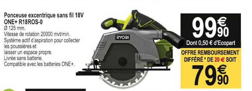 ponceuse excentrique sans fil 18v one+ r18r0s-0 ryobi