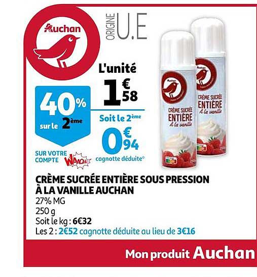crème sucrée entière sous pression à la vanille auchan