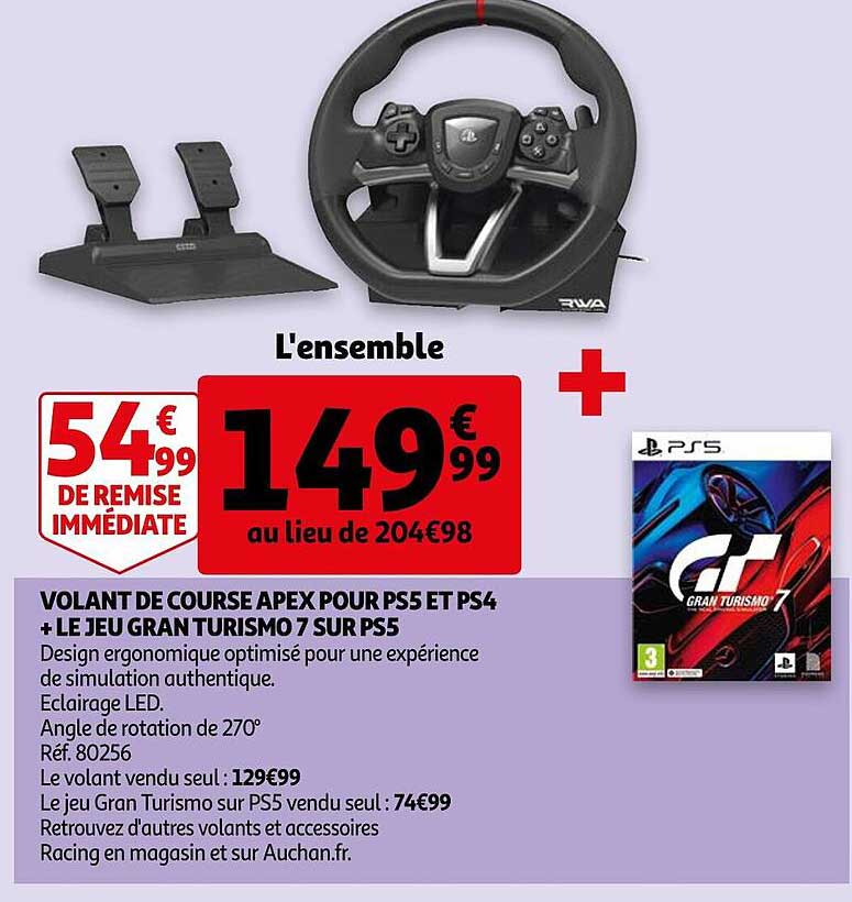 volant de course apex pour ps5 et ps4 + le jeu gran turismo 7 sur ps5