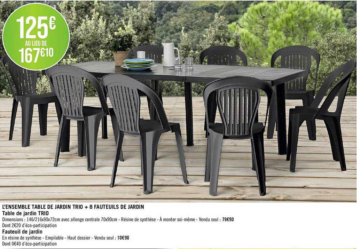 l'ensemble table de jardin trio + 8 fauteuils de jardin