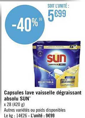 capsules lave vaisselle dégraissant absolu sun