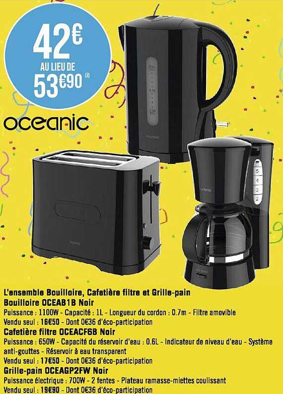 l'ensemble bouilloire, cafetière filtre et grille-pain océanic