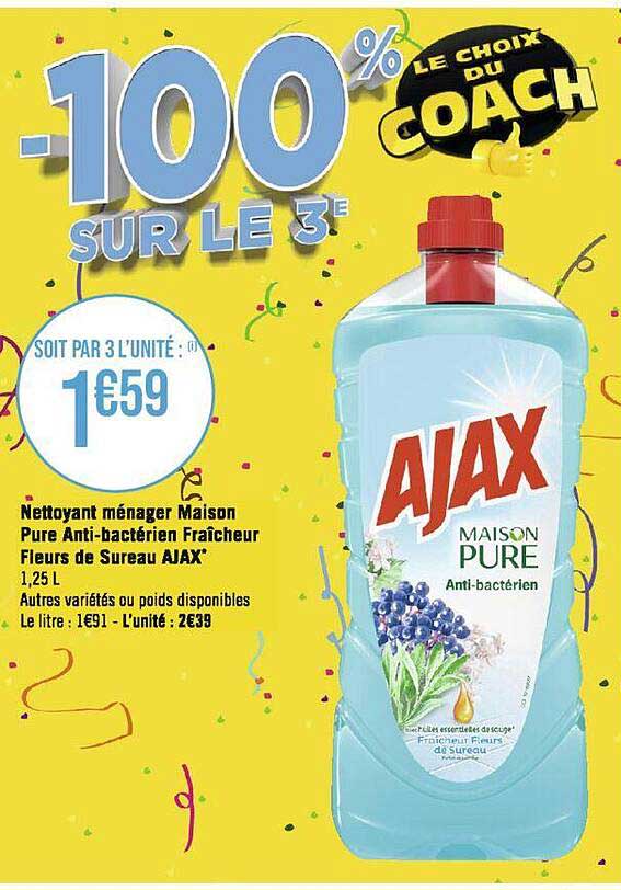 nettoyant ménager maison pure anti-bactérien fraîcheur fleurs de sureau ajax