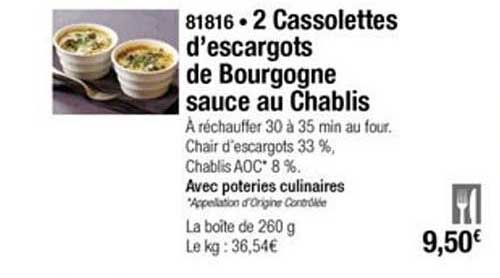2 cassolettes d'escargots de bourgonne sauce au chablis