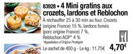 4 mini gratins aux crozets lardons et reblochon