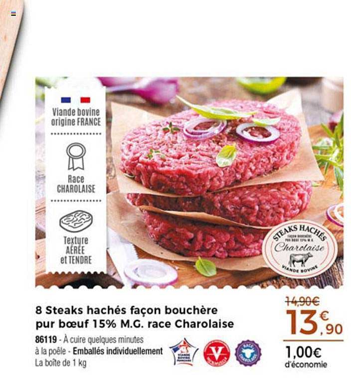 8 steaks hachés façon bouchère pur bœuf 15% m.g. race charolaise