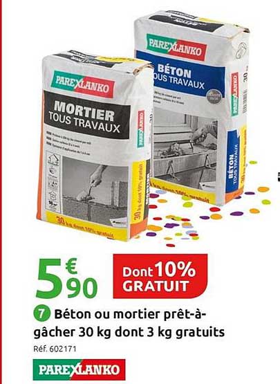 béton ou mortier prêt à gâcher 30 kg dont 3 kg gratuits parexlanko