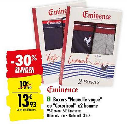 boxers nouvelle vague ou cocoricool x2 homme eminence -30% de remise immédiate