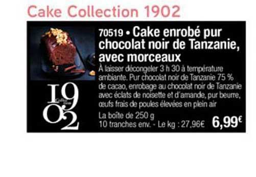 cake collection 1902 cake enrobé pur chocolat de tanzanie avec morceaux