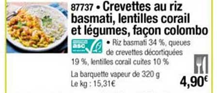 crevettes au riz basmati lentilles corail et légumes façon colombo