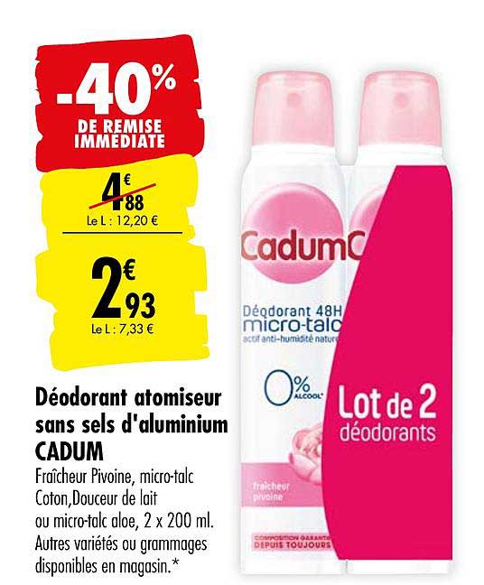 déodorant atomiseur sans sels d'aluminium cadum -40% de remise immédiate