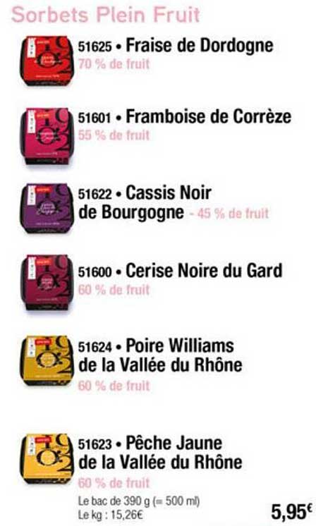 sorbets plein fruits fraise de dordogne framboise de corrèze cassis noir de bourgogne cerise noire du gard poire williams de la vallée du rhône pêche jaune de la vallée du rhône