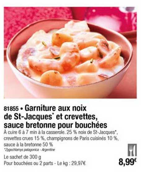 garniture aux noix de st jacques et crevettes sauce bretonne pour bouchées