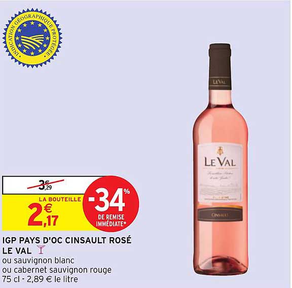 igp pays d'oc cinsault rosé le val -34% de remise immédiate