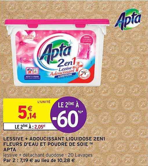 lessive + adoucissant liquidose 2en1 fleurs d'eau et poudre de soie apta le 2ème à -60%