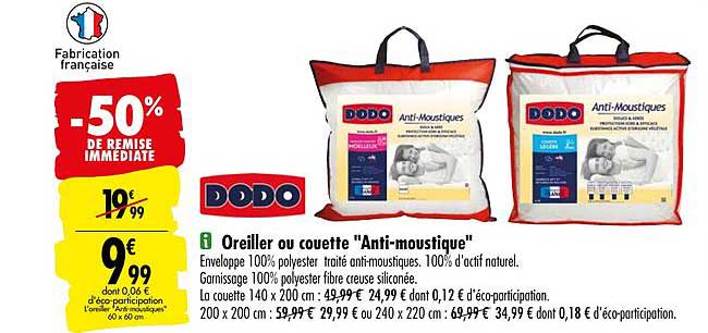 oreiller ou couette anti moustique dodo -50% de remise immédiate