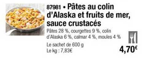 pâtes au colin d'alaska et fruits de mer sauce crustacés