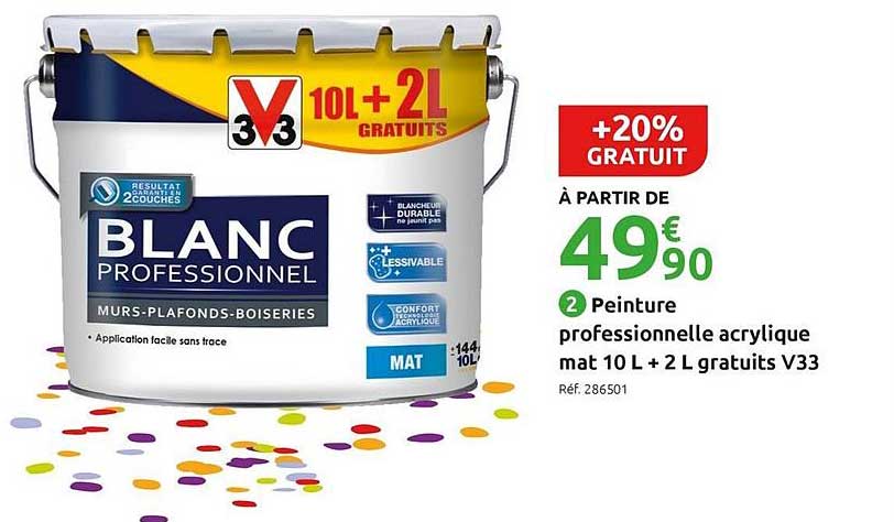 peinture professionnelle acrylique mat 10 m + 2 l gratuits v33