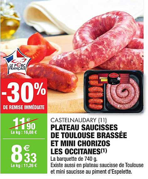plateau saucisses de toulouse brassée et mini chorizos les occitanes castelnaudary -30% de remise immédiate