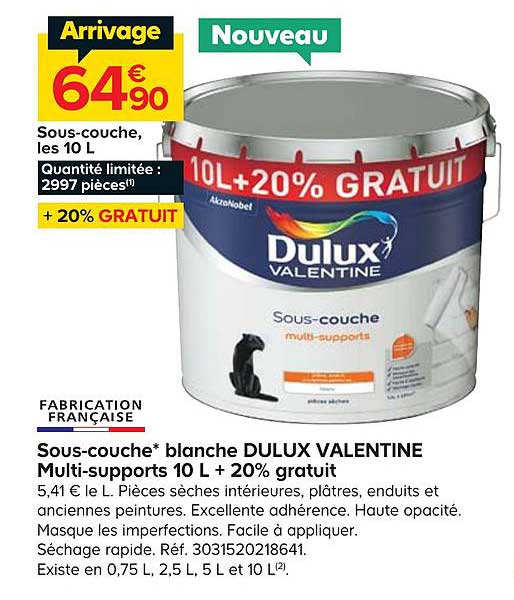 sous couche blanche dulux valentine multi supports 10 l + 20% gratuit