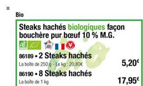 steaks hachés biologiques façon bouchère pur boeuf 10% m.g.