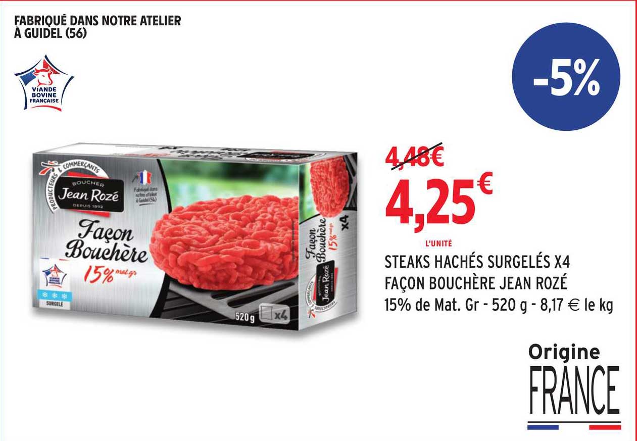 steaks hachés surgelés x4 façon bouchère jean rozé