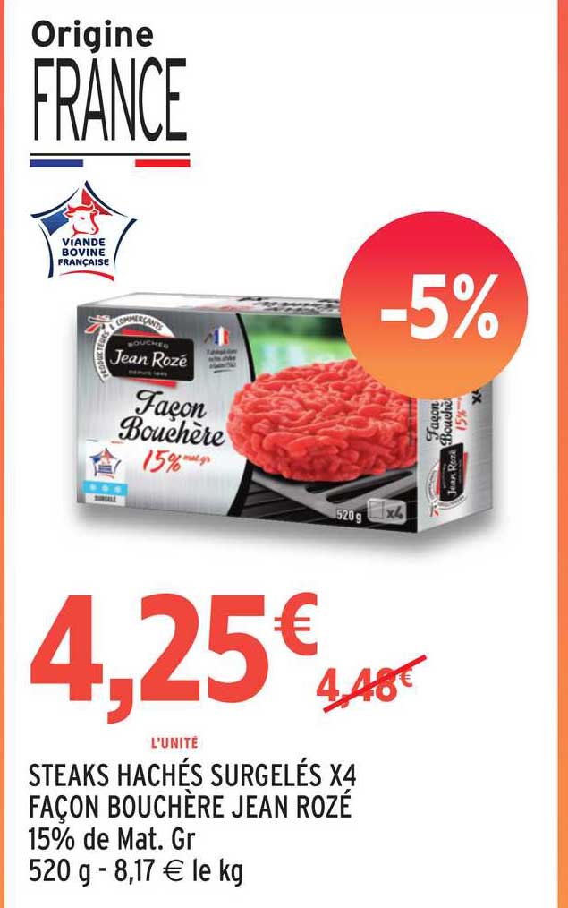 steaks hachés surgelés x4 façon bouchère jean rozé