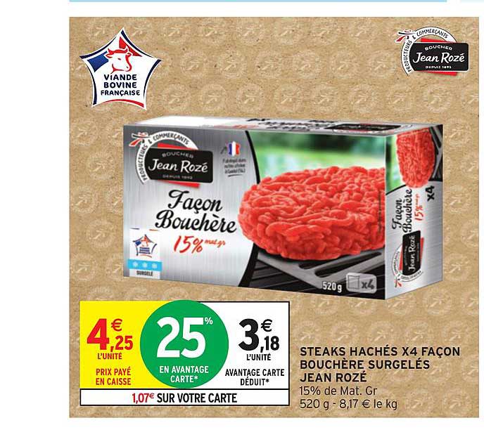 steaks hachés x4 façon bouchère surgelés jean rozé