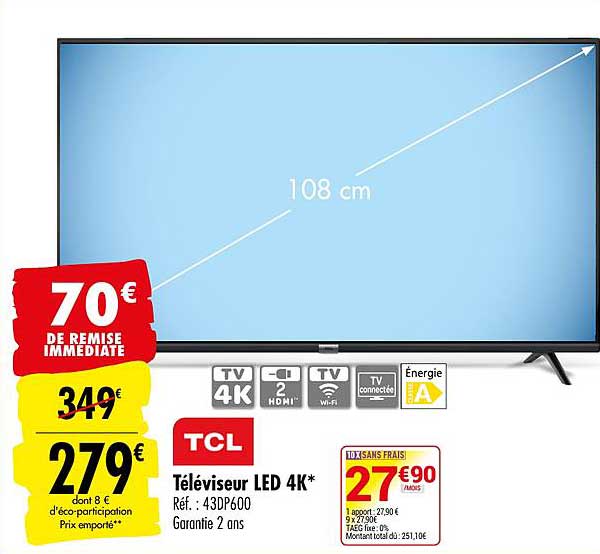 Téléviseur Led 4k 108 Cm Tcl