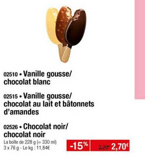 vanille gousse chocolat blanc vanille gousse chocolat au lait et bâtonnets d'amandes chocolat noir chocolat noir