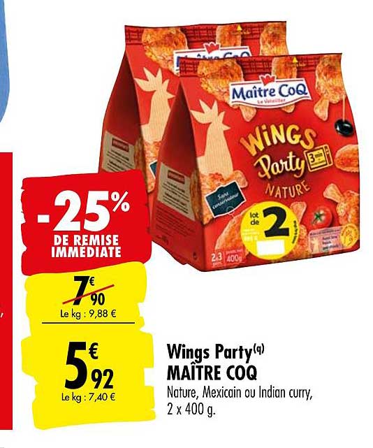 wings party maître coq -25% de remise immédiate