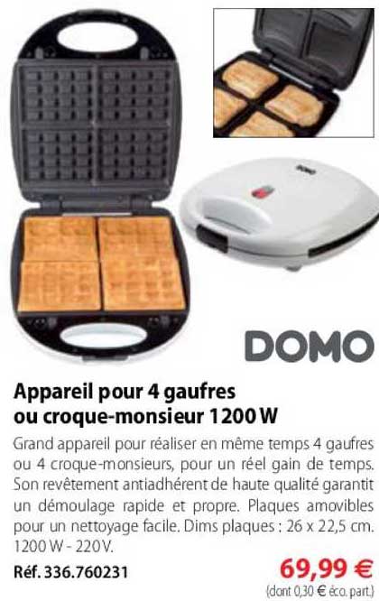 appareil pour 4 gaufres ou croque-monsieur 1200 w domo