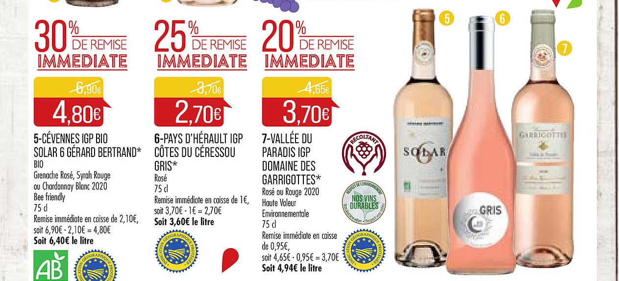 cévennes igp bio solar 6 gérard bertrand bio, pays d'hérault igp côtes du céressou gris, vallée du paradis des garrottes